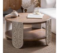 Coffee Tables,Round Coffee Table with Decorative Panel Supports,Ash Veneer and Knot-Free Pine,Vintage Farmhouse Design,81 x 81 x 45 cm,Two-Tier Storage for Living Room A