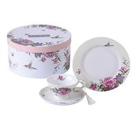 Coffee Tea Cup and Saucer 7.5" Dessert Plate Set 3 Shabby Chic Vintage Porcelain Bird Butterfly Floral Gift Box (Cream/Beige) London Boutique Cream One Size