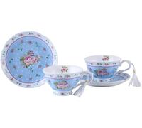 Coffee Tea Cups and Saucers Set of 2 Vintage Flower Flora Rose Lavender Gift Box London Boutique Blue One Size