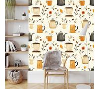 Coffee Teapot Self Adhesive Wallpaper Vintage Leaves Contact Paper Peel and Stick Wallpaper Thicken Waterproof Matte with Sticky Back Canvas Wall Cabinets Furniture Stickers Decorate 0.4×10 m