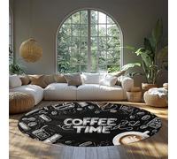 Coffee Time Circle Rug for Kitchen Living Room Black and White Chalkboard Style Round Carpet Latte Art Print Non Slip Cozy Café Décor 135cm