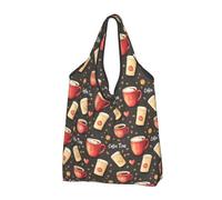 Coffee Time Print Reusable Grocery Bags Shopping Bags - Foldable Grocery Bag Tote Bag with Handles, Black, 2 PCS