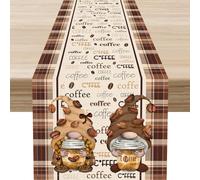 Coffee Time Table Runner, Farmhouse Retro Brown Plaid Gnomes Cafe Cup Theme Bean Drinks Rustic Table Center Decor for Family Kitchen and Living Room Outdoor Country Table Decorations, 13"x72"