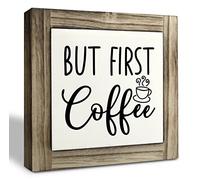 Coffee Wood Plaque Sign, But First Coffee, Box Wood Plaques Desk Décor, Rustic Wood Coffee Table Sign, Decor for Kitchen Home Office Cafe Coffee Station, Gift for Coffee Lover 5.9×5.9inch