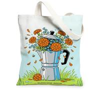 Coffeepot Canvas Tote Bag for Women, Spring Fanciful Marigold Flower Spring Orange Washable Reusable Market Tote Ideas for, Orange, 13x15 Inch