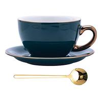 Coffeezone Luxury Gold 10 oz Thick Ceramic Latte Art Cappuccino Barista Cup with Saucer (Peacock Green)