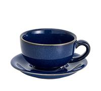 Coffeezone Vintage Design 12 oz Ceramic Latte Art Cappuccino Barista Cup with Saucer (Dark Blue)