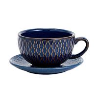 Coffeezone Vintage Design 12 oz Ceramic Latte Art Cappuccino Barista Cup with Saucer (Embossed Blue)