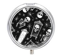 Coffin and Skull Pill Box 3 Compartment Travel Pill Organizer 3 Times A Day Cute Mini Pill Case for Purse & Pocket Portable Metal Medicine Box with Mirror Round Daily Medicine Vitamin Container