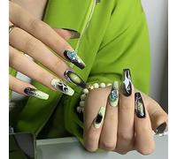 Coffin Press On Nails - 24PCS Black & Mint Green Butterfly Design with Crystal Gems - Long False Nails for Women & Girls