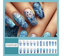 Coffin Press On Nails False Nails Blue French Artificial Nails Butterfly Acrylic Nails 24Pcs Stick On Nails For Women