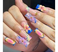 Coffin Press on Tips 24 Pieces with French Manicure Gradient Stripe Design, ABS Fingertip Covers for Fast Manicure and Beach Outings Press on Tips Long Coffin French Gradient Stripe Flower Abs