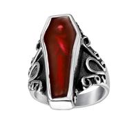 Coffin Ring For Men - Halloween Biker Ring, Stainless Steel Gothic Punk Vampire, Bloody Red | Spooky Jewelry Accessories Occult Party Costume Emo Metal Jewelry Creepy Horror Themed Jewelrys