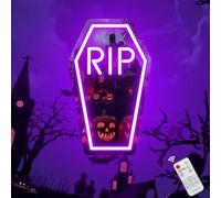 Coffin RIP Neon Mirror Sign Gothic Room Decor Purple LED Light Sign Wall Mirror for Halloween Decoration Party Gifts for Gothic Lovers Man Cave