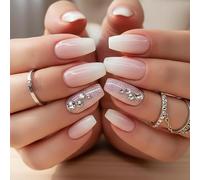 Coffin Shape Artificial Nails with Smooth Glossy Finish Ombre Gradient - 24Pcs Press On Nails Set with Rose Gold Glitter and Rhinestone Floral Design for Women, Elegant False Coffin Tips Salon