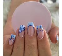 Coffin Shaped Blue Wave Press On Nails With White Dot Accents - Medium Length Square False Manicure Set For Women Daily Wear And Special Events, Glossy Finish, Spring Summer Fashion, Easy Application