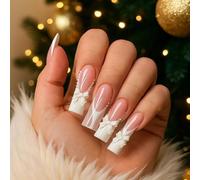 Coffin Shaped Glossy French Artificial Nail Tips with Rhinestone Bows - Pre-designed Soft Pink White Manicure Set for Elegant Festive Occasions Weddings Parties, Sparkling Bead Detailing High Gloss