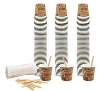 COFFISANO Set of 150 Coffee Cups 75ml Brown Paper + 150 Wooden Sticks Disposable Cups and Stirrers Recyclable for Restaurant Office Sports Bar Espresso