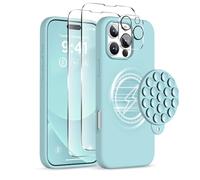 COFFKER Light Cyan Case for iPhone 16 Pro Max | Magnetic, Compatible with Magsafe, Suction Cup Phone Mount, 2 Screen Protectors, Camera Protector, Silicone, Shockproof, Protective Phone Cover, 6.9"