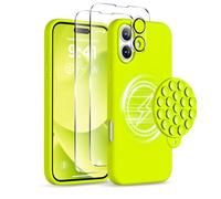 COFFKER Magnetic for iPhone 16 Plus Case, Compatible with Magsafe, Suction Cup Phone Mount - 2 Screen Protectors - Camera Lens Protector, Silicone Shockproof Protective Phone Cover 6.7", Neon Yellow
