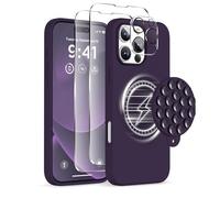 COFFKER Magnetic for iPhone 16 Pro Max Case, Compatible with Magsafe, Suction Cup Phone Mount, [2 Screen Protectors][Camera Protector] Silicone Shockproof Protective Phone Cover 6.9", Deep Purple