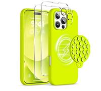 COFFKER Magnetic for iPhone 16 Pro Max Case, Compatible with Magsafe, Suction Cup Phone Mount, [2 Screen Protectors][Camera Protector] Silicone Shockproof Protective Phone Cover 6.9", Neon Yellow