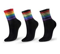 CoFlink 3 Pairs Rainbow Crew Socks, Cotton Novelty Athletic Socks LGBT Colorful Striped Socks for LGBTQ Pride Accessories (Cotton, Black)