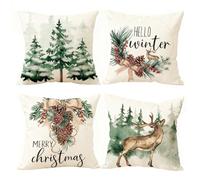 CoFlink Christmas Cushion Covers - 45 * 45 max Tree Decorative Pillow Case Set of 4 Vintage Decor Throw Pillow Covers for Home Indoor Sofa Christmas Watercolor Style Decor