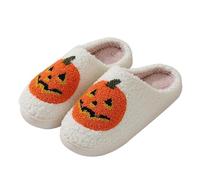 CoFlink Unisex Halloween Slippers, Cute Fuzzy Spooky Warm Soft Slip On Pumpkin Slippers for Kid House Outdoor (Yellow White-Pumpkin, Adult, Men, 3, Numeric Range, UK Footwear Size System, 4, Medium)