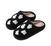 CoFlink Unisex Halloween Slippers, Cute Fuzzy Spooky Warm Soft Slip On Pumpkin Slippers for Kid House Outdoor (Black White-Ghost, Adult, Men, 7, Numeric Range, UK Footwear Size System, 8, Medium)