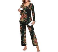COFNEW Pajama Sets for Women 2 piece, Long-Sleeved Pants Pjs Sets for ladies Winter, Sleepwear Womens Pajama Sets 2XL, Fl Brown Black