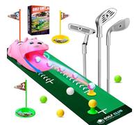 Cofvetia Kids Toy Golf Set with Automatic Golf Returner, White Golf Balls have Led Light Up Night, 3 Clubs, Putting Mat 3-8 Toddler Mini Golf Games, Indoor Outdoor Sports Toys for Boys Girls (Pink)