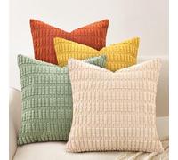 Cogavoo 4 Packs Boho Summer Decorative, Throw Pillow Covers, Soft Plush Striped Corduroy Square Cushion Case for Living Room Couch Bed Sofa, 18x18 Inch (45x45cm)