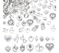 COGCHARGER 100Pcs Heart Charms for Jewellery Making Bulk Antique Silver Charms Tibetan Mixed Random Alloy Pendants with Love Word for Valentine's Day Earring Bracelet Necklace DIY Accessories