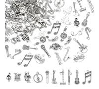 COGCHARGER 100Pcs Music Charms for Jewellery Making Bulk Antique Silver Charms Tibetan Mixed Random Alloy Pendants Musical Instrument Notes Symbols Pendants for Earring Bracelet Necklace DIY Crafts