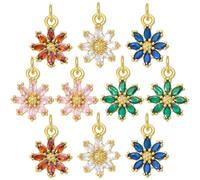 COGCHARGER 10Pcs Flower Charms for Jewellery Making Real 18K Gold Plated Crystal Charms Brass Mixed Color Cubic Zirconia Pendants with Jump Rings for DIY Earring Bracelet Necklace