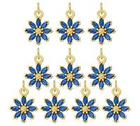 COGCHARGER 10Pcs Flower Charms for Jewellery Making Real 18K Gold Plated Crystal Charms Brass Prussian Blue Cubic Zirconia Pendants with Jump Rings for DIY Earring Bracelet Necklace