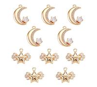 COGCHARGER 10pcs Gold Tone Brass Micro Pave Cubic Zirconia Moon Star Smiling Face Charms for Jewellery Bracelet Necklace Earring Making, Brass and Cubic Zirconia, No Gemstone