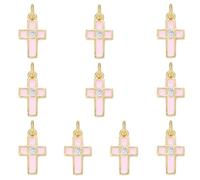 COGCHARGER 10Pcs Religious Cross Charms for Jewellery Making Bulk Pink Christianity Crystal Charms Brass Cubic Zirconia Enamel Pendants with Jump Ring for Earring Bracelet Necklace DIY Supplies