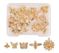 COGCHARGER 20pcs Real 18K Gold Plated Mini Butterfly Bee Flower Brass Charm Pendant cute insect charm for Jewelry Necklace Bracelet Earring Making DIY Craft