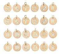 COGCHARGER 24 Pieces Stainless Steel Zodiac Charms Pendant Flat Round Constellations Charm Zodiac Sign Pendant Golden for Jewelry Necklace Earring Making Crafts