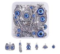COGCHARGER 30 Pieces Tibetan Evil Eye Charms Owl Feather Hand Enamel Pendants Antique Silver Evil Eye Hamsa Charm for DIY Brooches Earring Bracelet Necklace Jewellery Crafts Making