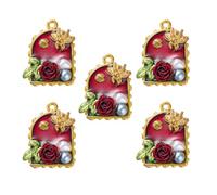 COGCHARGER 5 Pcs Oil Painting Flower Charms for Jewellry Making Vintage Alloy Enamel Pendants with Imitation Pearls for Bracelets Earrings Necklace DIY Supplies(Dark Red)