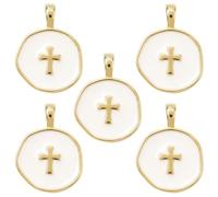 COGCHARGER 5Pcs Cross Charms for Jewellery Making White Christian Enamel Charms Religious Flat Round Gold Brass Metal Pendants with Holes for DIY Earring Bracelet Necklace