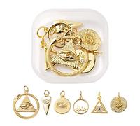 COGCHARGER 6 Pcs 6 Style Evil Eye Pendant Charms Flat Round Evil Eye Charms Mixed Shape Brass Pendants Golden for Jewelry Necklace Bracelet Earring Making