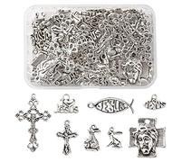 COGCHARGER 80 Pcs 8 Styles Antique Silver Tibetan Style Cross with Jesus Charms Crucifix Fish Rabbit Alloy Charms Pendants for Jewelry Necklace Bracelet Earring Making