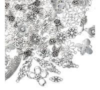 COGCHARGER Assorted Flower Charms for Jewellery Making Antique Silver Bulk Cute Alloy Collection Pendants for Bracelet Necklace Earring DIY Supplies
