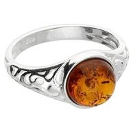Cognac Amber Ring with Swirl Cut Out Shoulders, Sterling Silver 925, Baltic Amber, Sizes M-R (M)