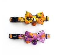 Cognatio Cat Collars with Bells and Safety Release Buckle, Floral Bow Tie Kitten Collars, Adjustable 20-30 cm, 2 Pack (Halloween Purple+Orange)