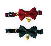 Cognatio Safety Quick Release Cat Collars, Soft Kitten Collars with Detachable Bow Tie and Bell, Pack of 2, Adjustable 20-30 cm (20-30 cm, Wine Red+Xmas Green)